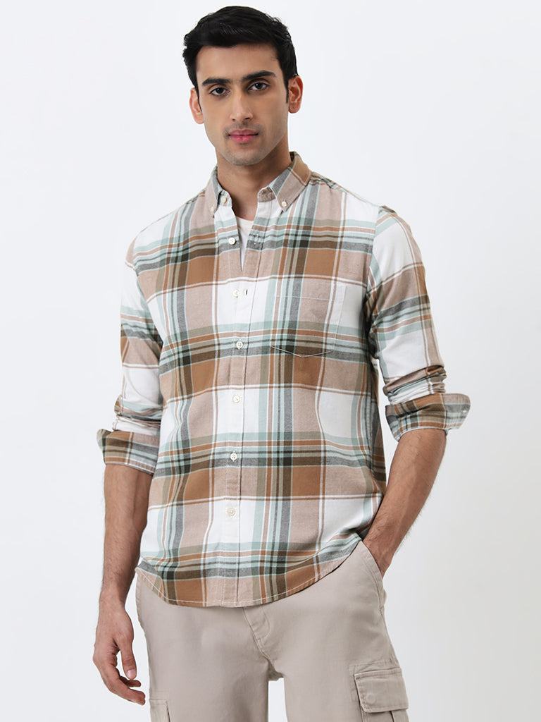 WES Casuals Brown Checkered Slim-Fit Cotton Shirt