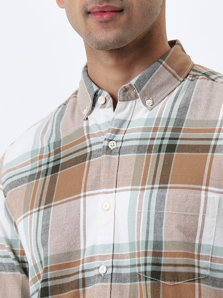 WES Casuals Brown Checkered Slim-Fit Cotton Shirt