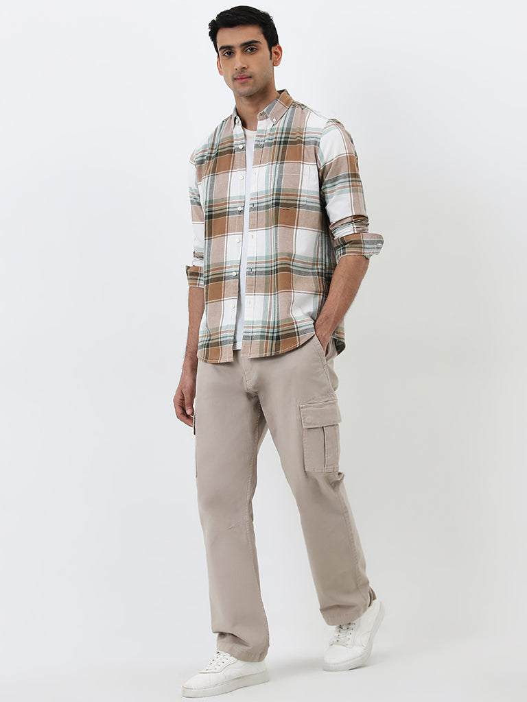 WES Casuals Brown Checkered Slim-Fit Cotton Shirt