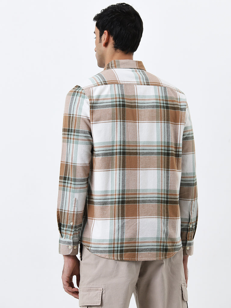 WES Casuals Brown Checkered Slim-Fit Cotton Shirt