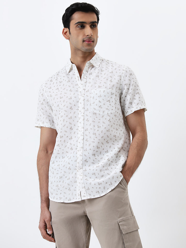 WES Casuals White Botanical Printed Slim-Fit Shirt