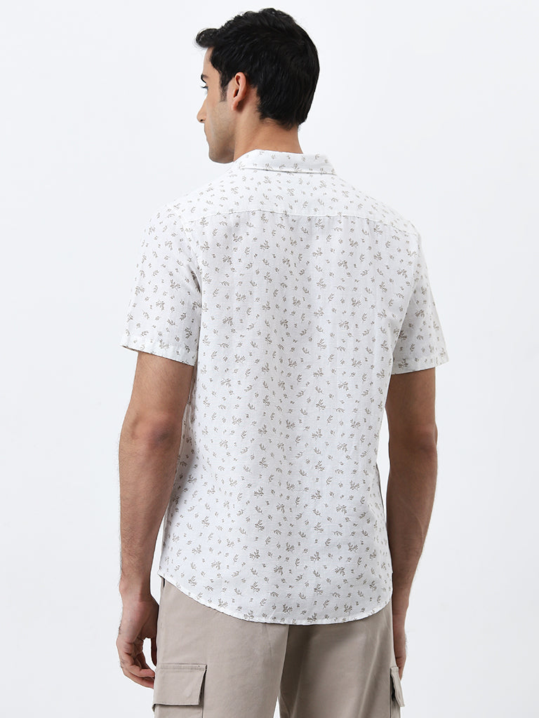 WES Casuals White Botanical Printed Slim-Fit Shirt