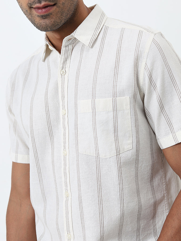 WES Casuals Light Beige Stripe Slim-Fit Blended Linen Shirt