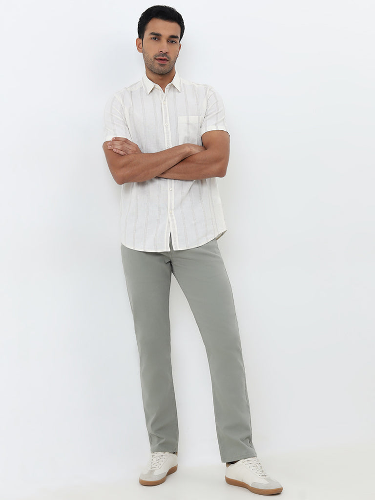 WES Casuals Light Beige Stripe Slim-Fit Blended Linen Shirt