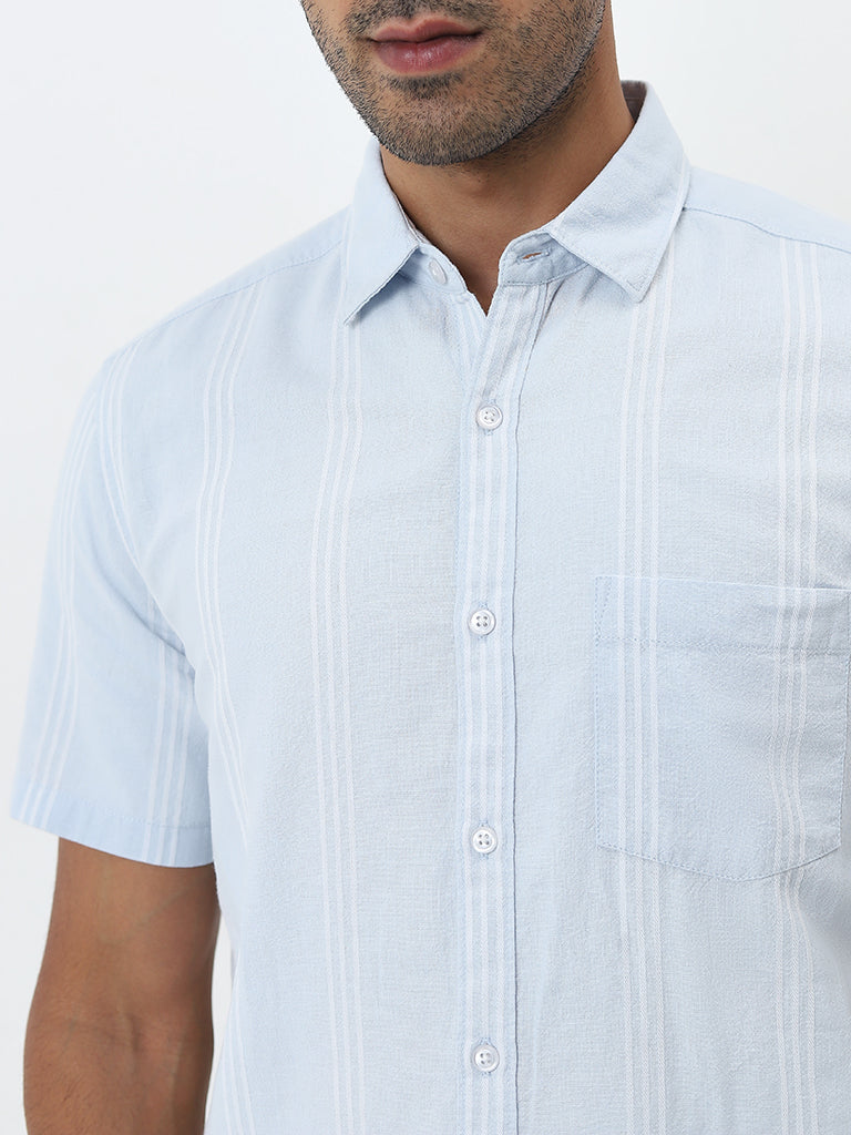 WES Casuals Light Blue Striped Slim-Fit Blended Linen Shirt