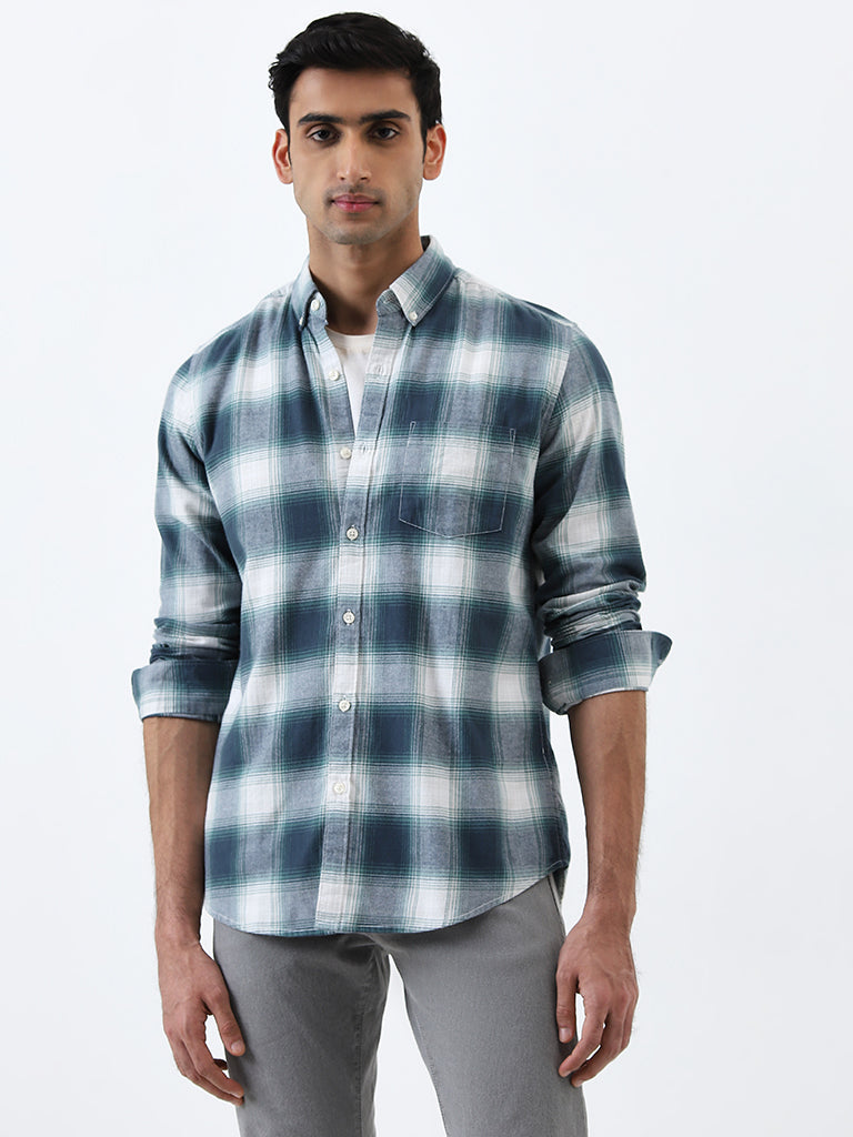 WES Casuals Teal Checkered Slim-Fit Cotton Shirt