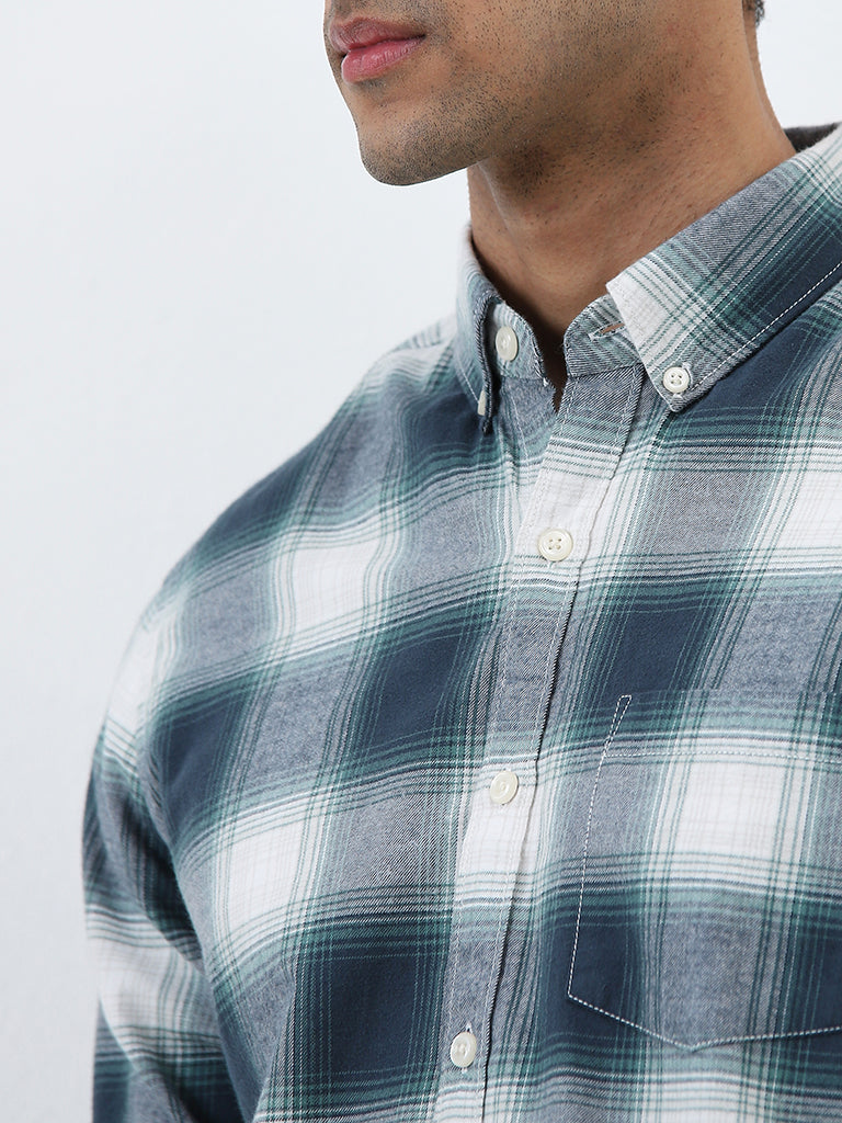 WES Casuals Teal Checkered Slim-Fit Cotton Shirt