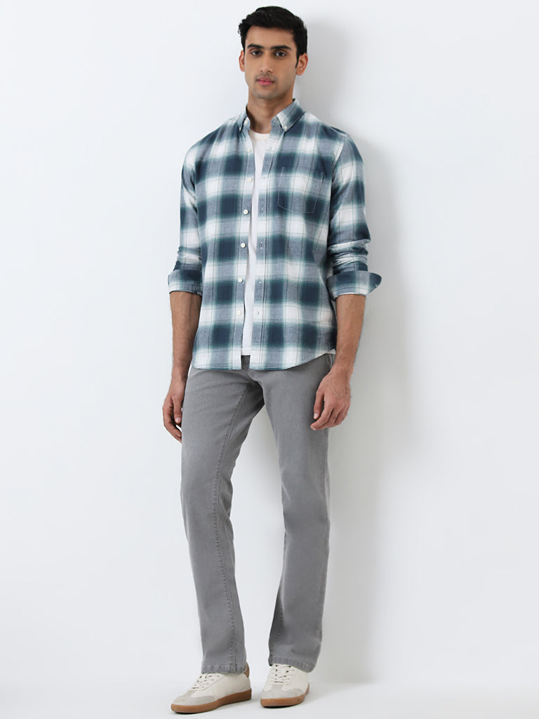 WES Casuals Teal Checkered Slim-Fit Cotton Shirt