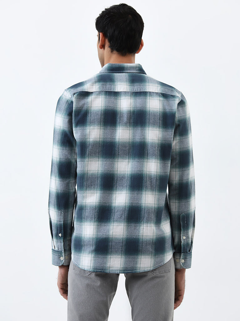 WES Casuals Teal Checkered Slim-Fit Cotton Shirt