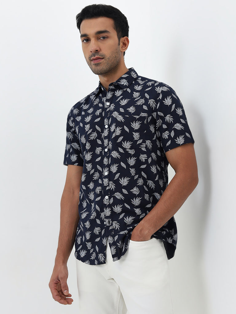 WES Casuals Navy Leaf Printed Slim-Fit Shirt