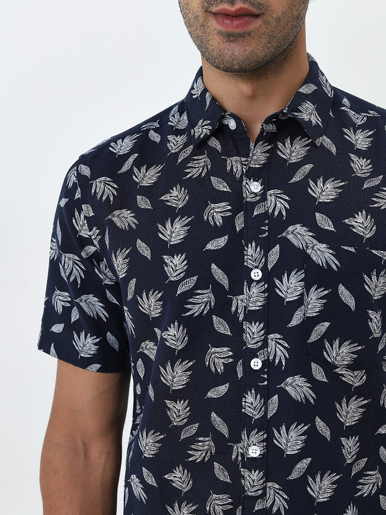 WES Casuals Navy Leaf Printed Slim-Fit Shirt