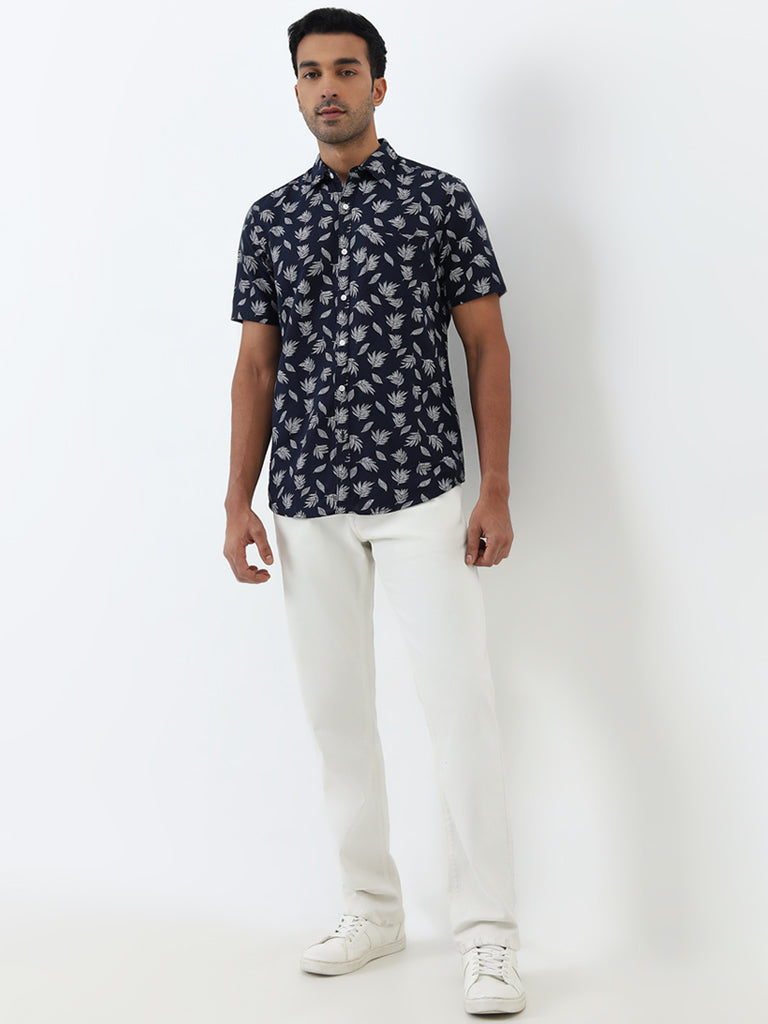 WES Casuals Navy Leaf Printed Slim-Fit Shirt