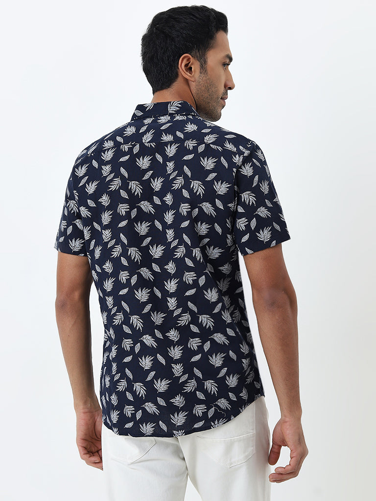 WES Casuals Navy Leaf Printed Slim-Fit Shirt