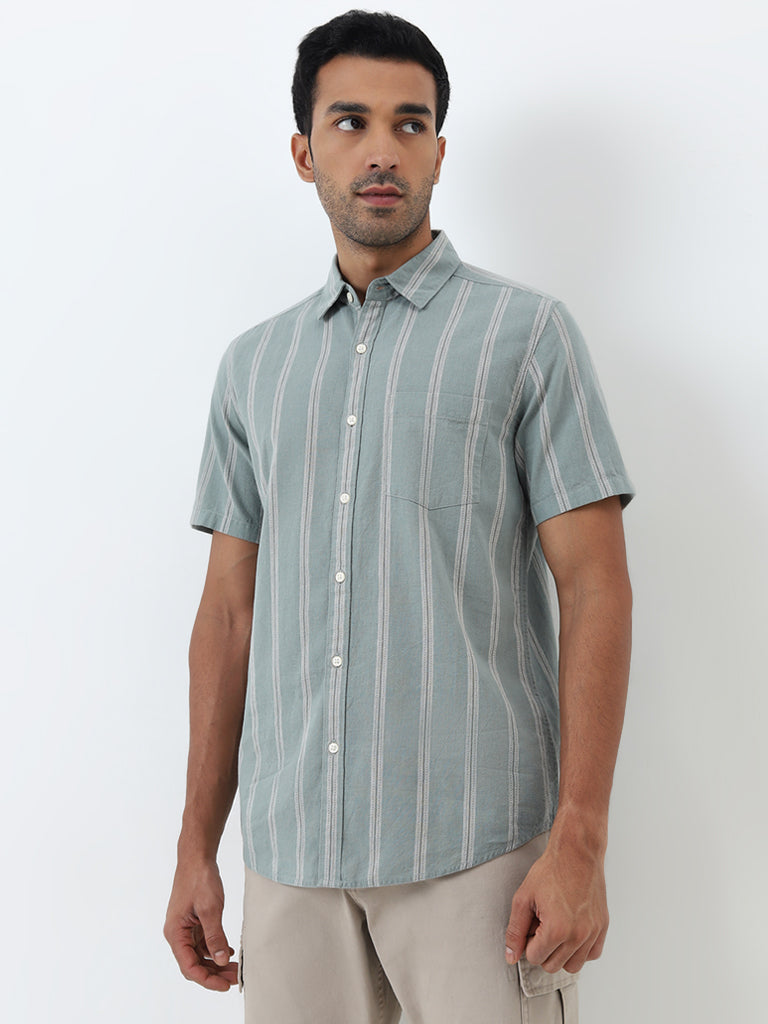 WES Casuals Sage Striped Slim-Fit Blended Linen Shirt