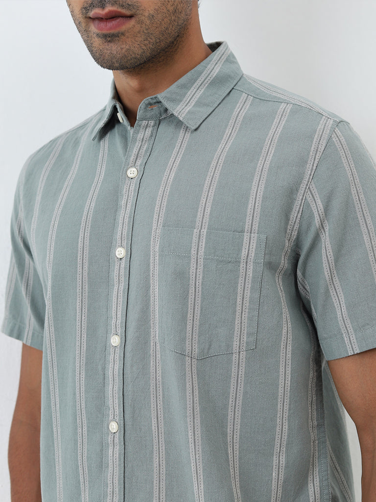 WES Casuals Sage Striped Slim-Fit Blended Linen Shirt