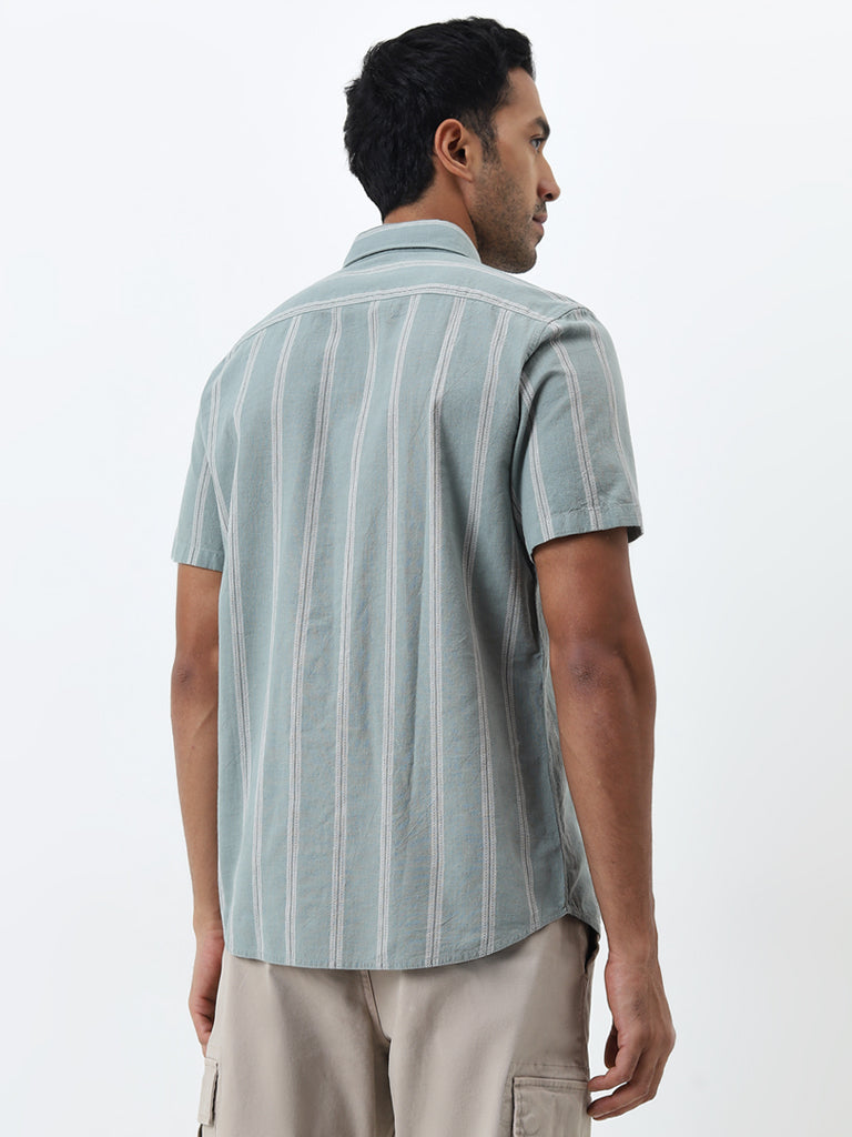 WES Casuals Sage Striped Slim-Fit Blended Linen Shirt