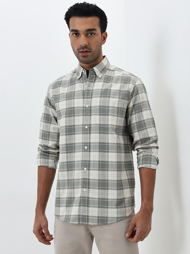 WES Casuals Sage Checkered Relaxed-Fit Cotton Shirt