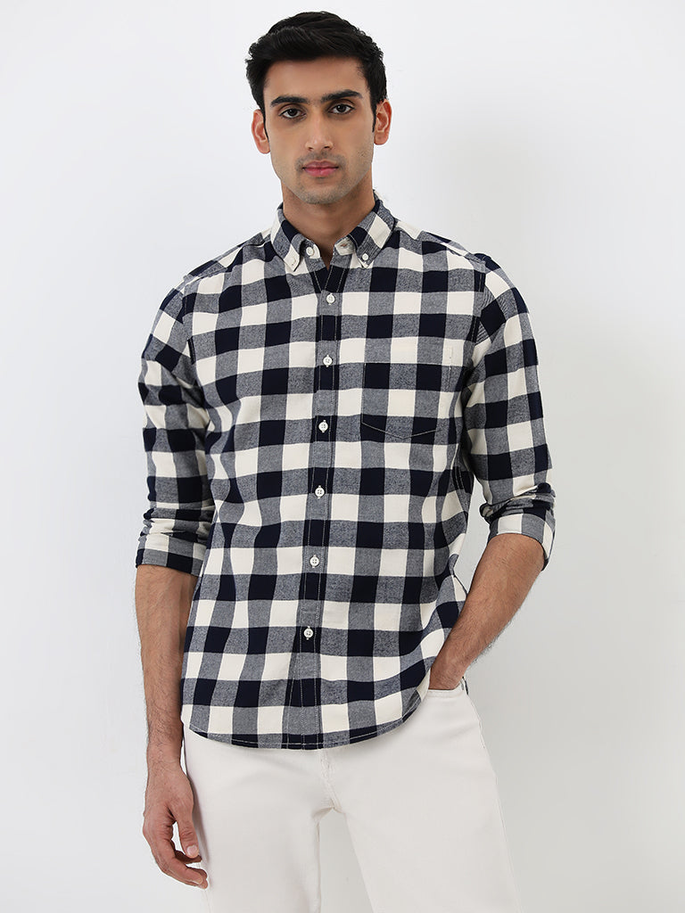 WES Casuals Navy Blue Checkered Slim-Fit Cotton Shirt