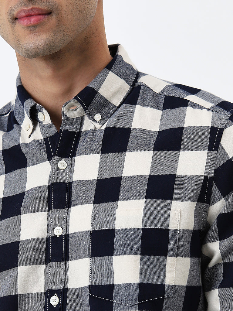 WES Casuals Navy Blue Checkered Slim-Fit Cotton Shirt