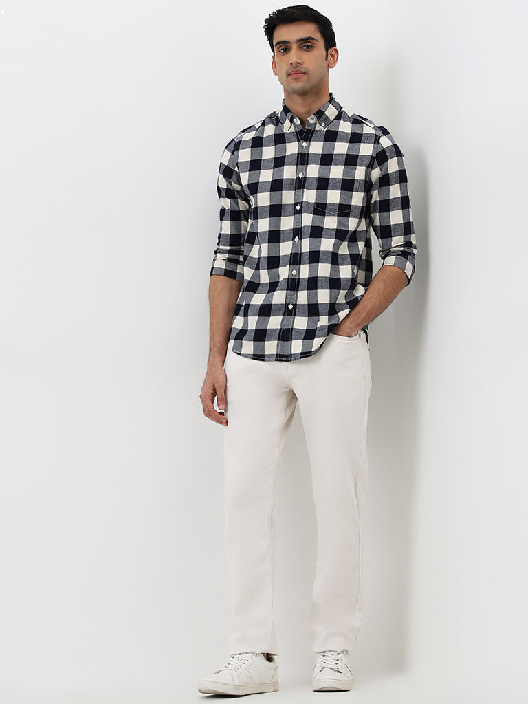 WES Casuals Navy Blue Checkered Slim-Fit Cotton Shirt