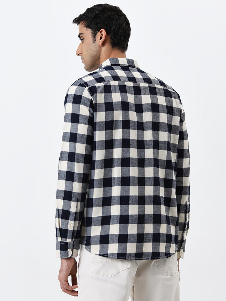 WES Casuals Navy Blue Checkered Slim-Fit Cotton Shirt