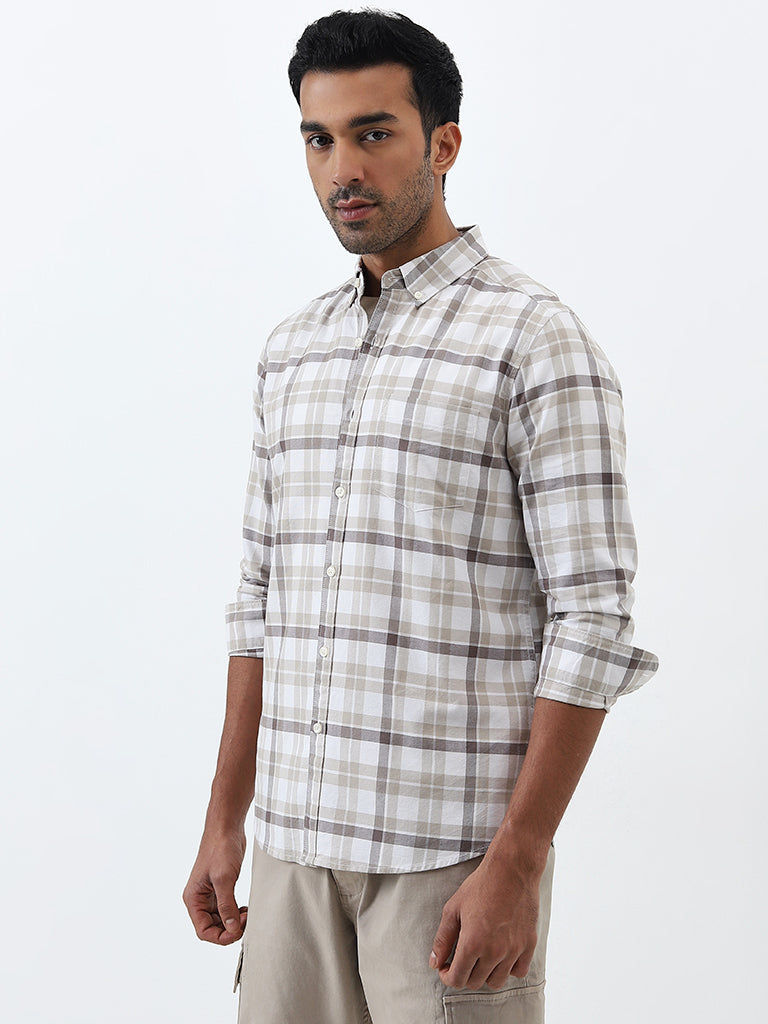 WES Casuals Beige Checkered Slim-Fit Cotton Shirt