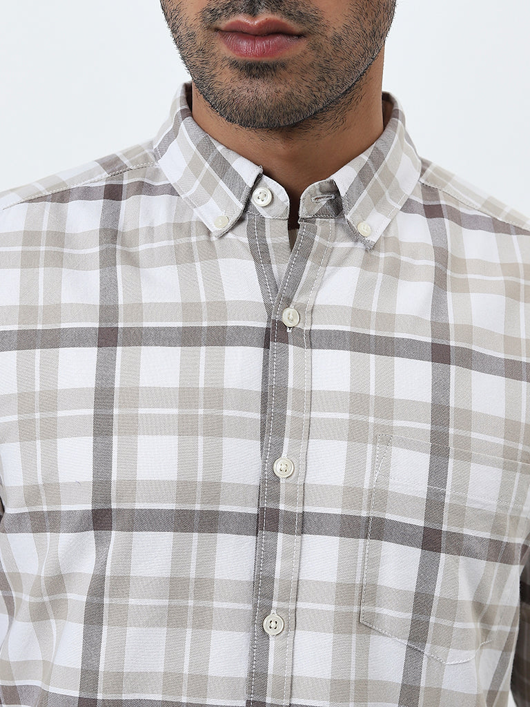 WES Casuals Beige Checkered Slim-Fit Cotton Shirt