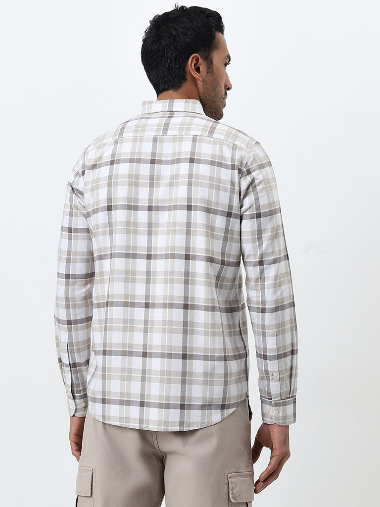 WES Casuals Beige Checkered Slim-Fit Cotton Shirt