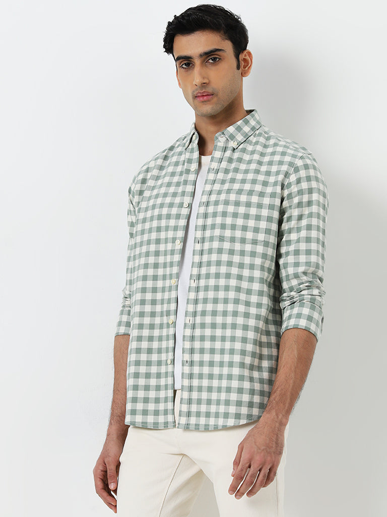 WES Casuals Green Checkered-Print Slim-Fit Cotton Shirt