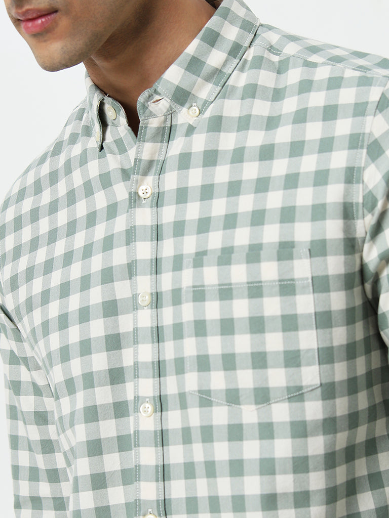 WES Casuals Green Checkered-Print Slim-Fit Cotton Shirt