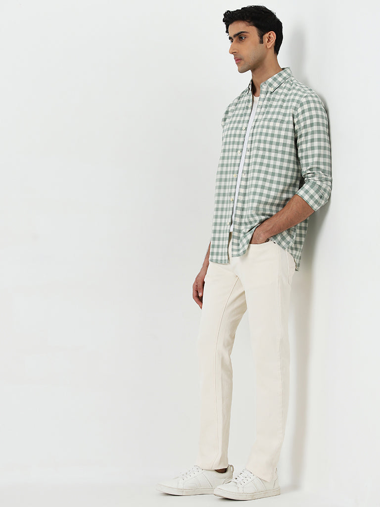 WES Casuals Green Checkered-Print Slim-Fit Cotton Shirt