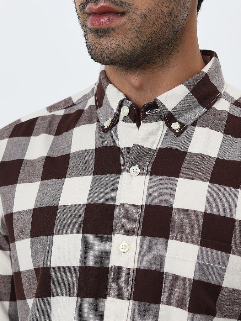 WES Casuals Brown Checkered Slim-Fit Cotton Shirt