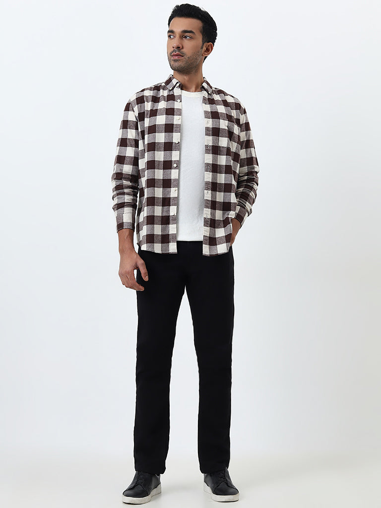 WES Casuals Brown Checkered Slim-Fit Cotton Shirt