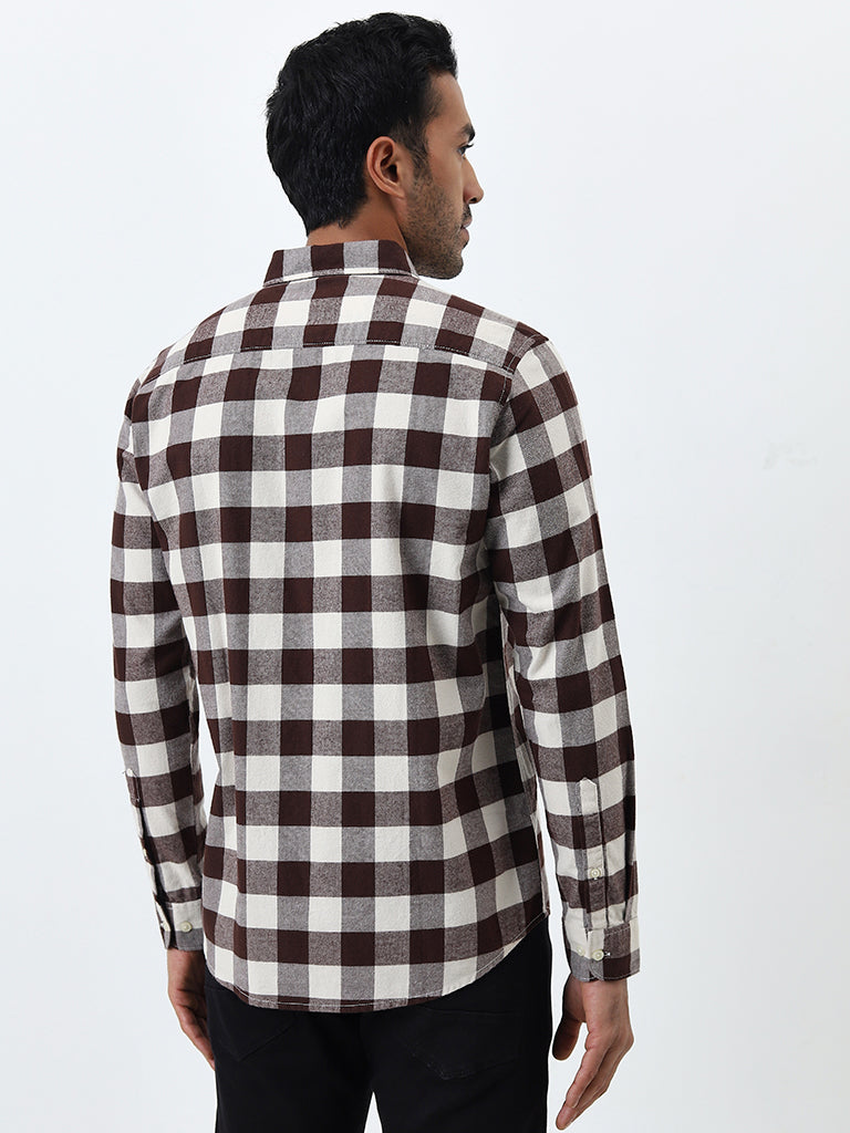 WES Casuals Brown Checkered Slim-Fit Cotton Shirt