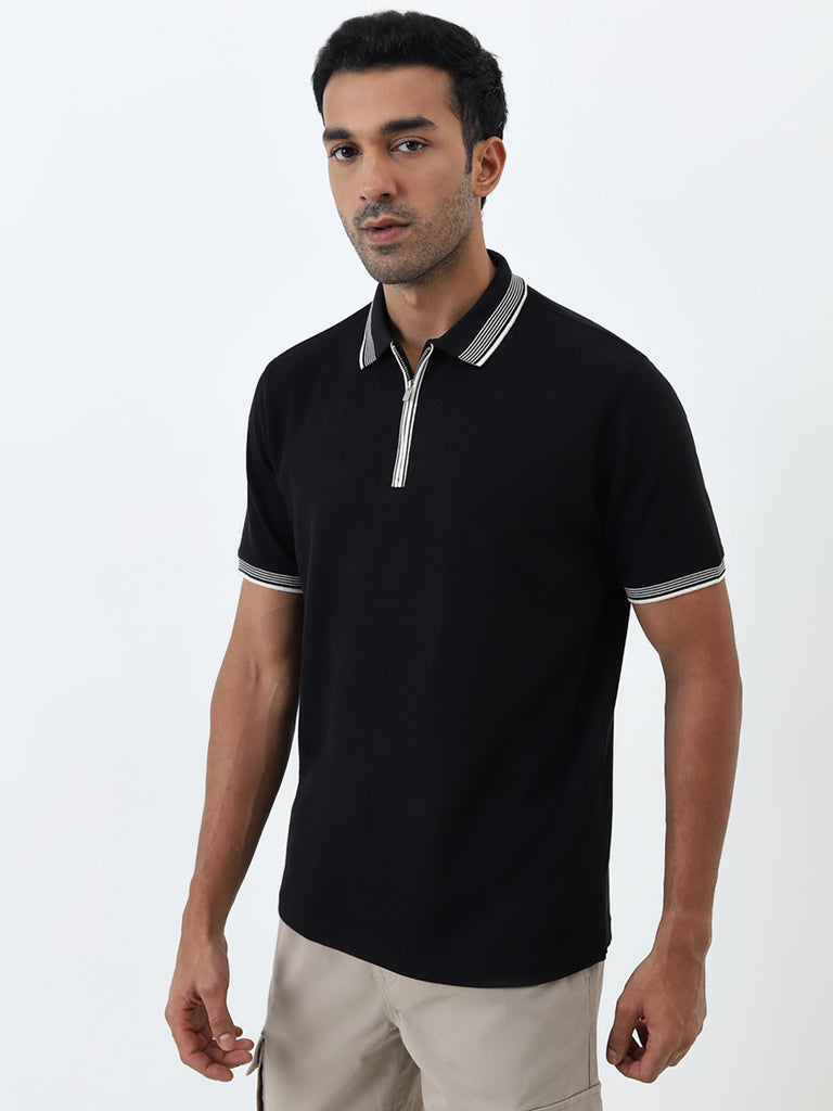 WES Casuals Black Relaxed-Fit Polo T-Shirt