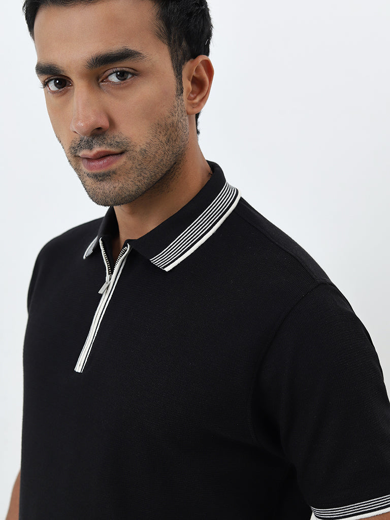 WES Casuals Black Relaxed-Fit Polo T-Shirt