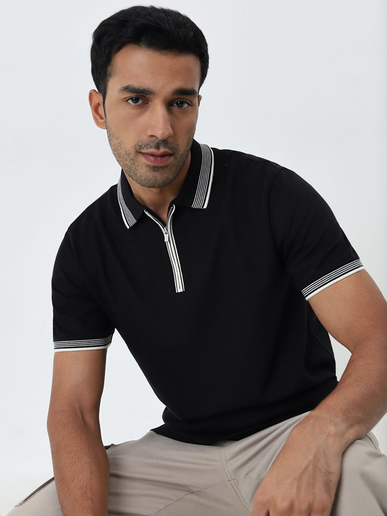 WES Casuals Black Relaxed-Fit Polo T-Shirt