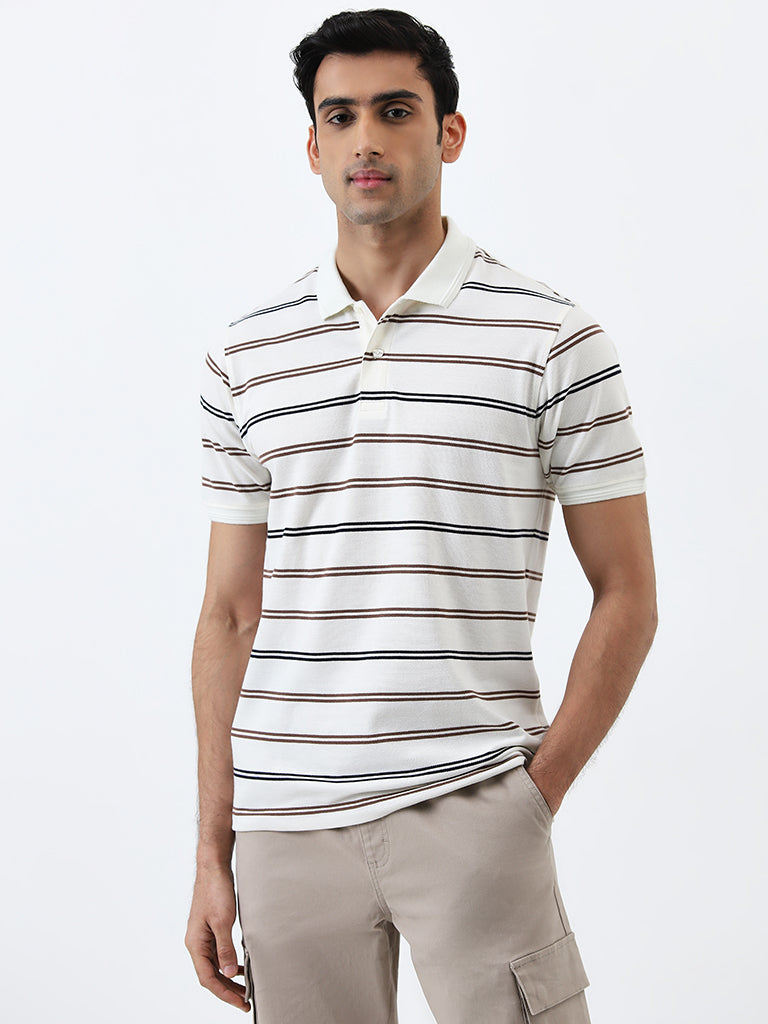 WES Casuals Off-White Striped Relaxed-Fit Polo T-Shirt