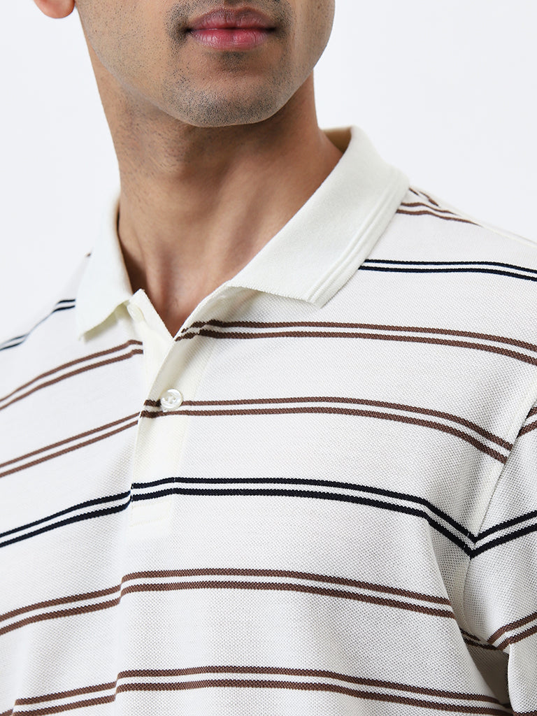 WES Casuals Off-White Striped Relaxed-Fit Polo T-Shirt