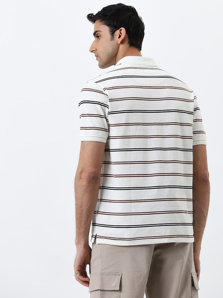 WES Casuals Off-White Striped Relaxed-Fit Polo T-Shirt