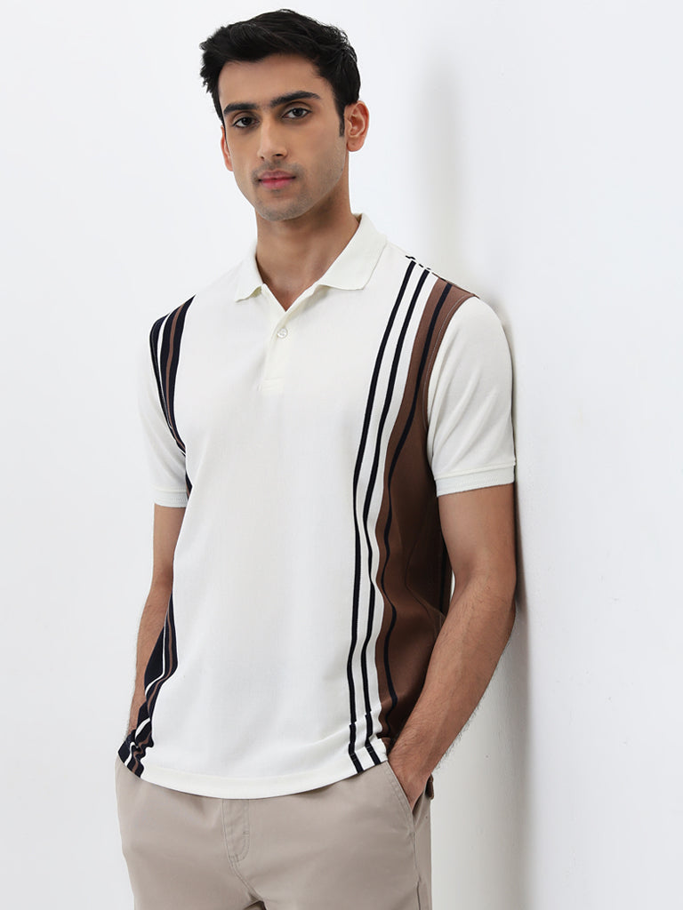 WES Casuals Off-White Striped Relaxed-Fit Polo T-Shirt