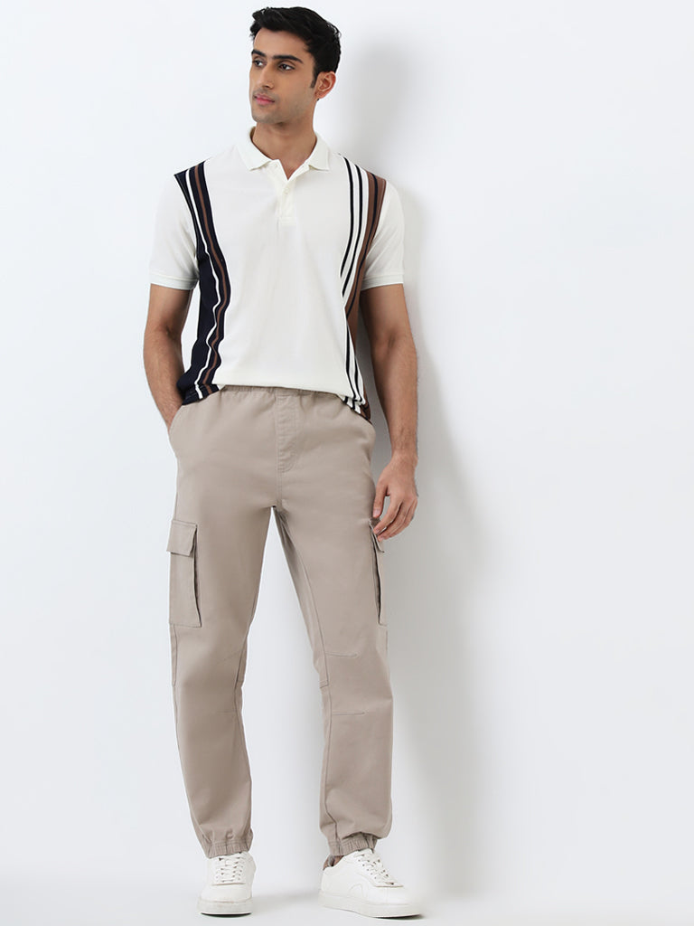 WES Casuals Off-White Striped Relaxed-Fit Polo T-Shirt