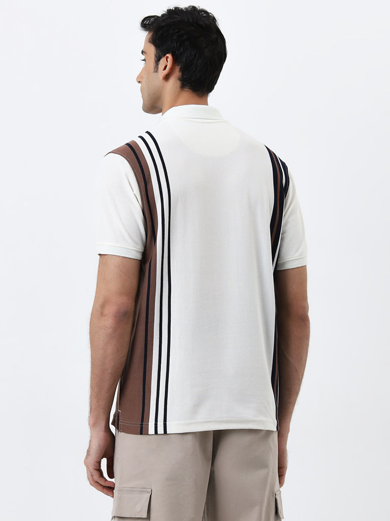 WES Casuals Off-White Striped Relaxed-Fit Polo T-Shirt