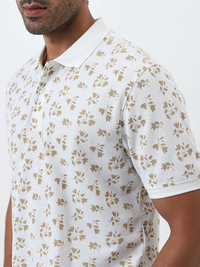 WES Casuals White Floral Printed Relaxed-Fit Polo T-Shirt