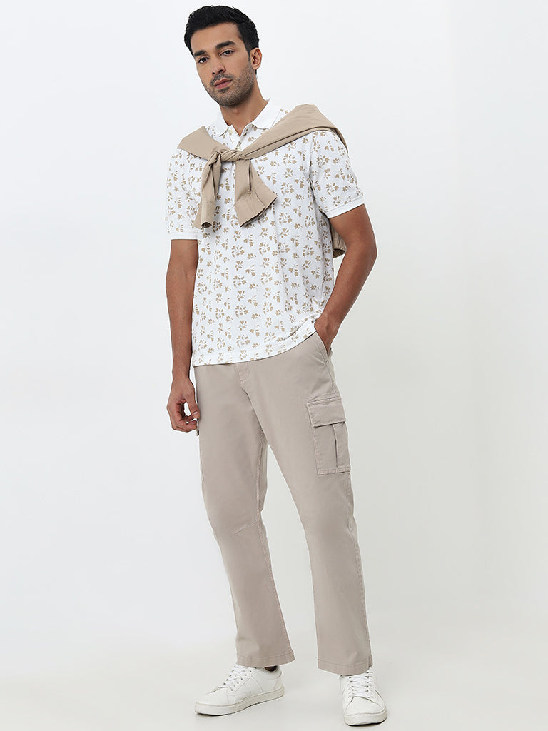 WES Casuals White Floral Printed Relaxed-Fit Polo T-Shirt