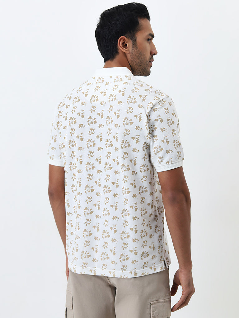 WES Casuals White Floral Printed Relaxed-Fit Polo T-Shirt