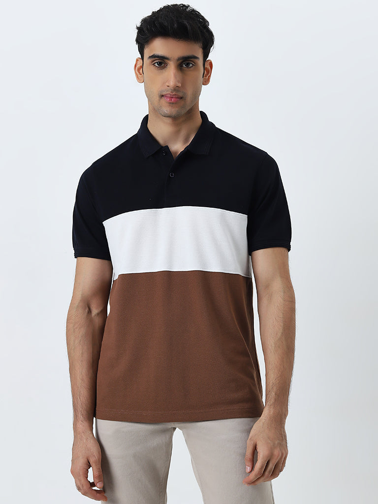 WES Casuals Brown Colour-Blocked Relaxed-Fit Polo T-Shirt