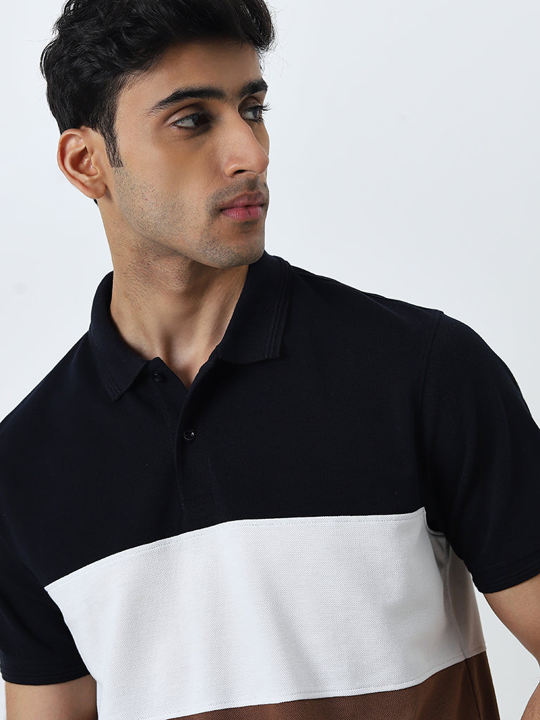 WES Casuals Brown Colour-Blocked Relaxed-Fit Polo T-Shirt