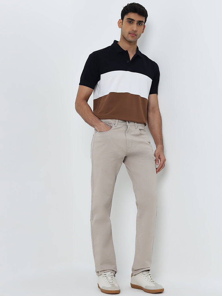 WES Casuals Brown Colour-Blocked Relaxed-Fit Polo T-Shirt