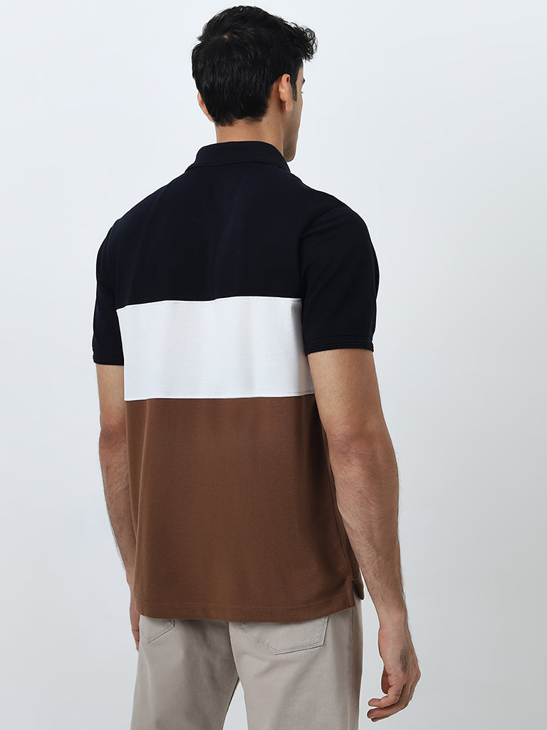 WES Casuals Brown Colour-Blocked Relaxed-Fit Polo T-Shirt